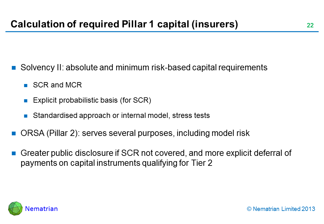Bullet points include: Solvency II: absolute and minimum risk-based capital requirements SCR and MCR Explicit probabilistic basis (for SCR) Standardised approach or internal model, stress tests ORSA (Pillar 2): serves several purposes, including model risk Greater public disclosure if SCR not covered, and more explicit deferral of payments on capital instruments qualifying for Tier 2