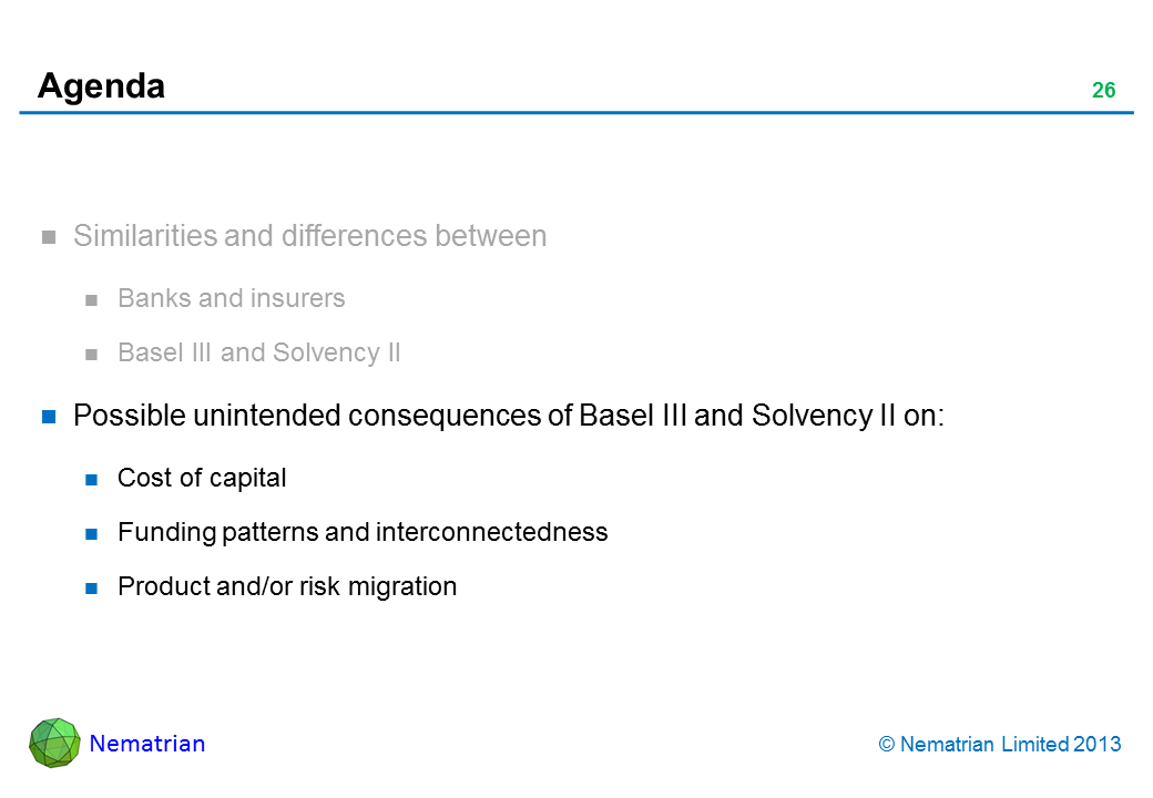 Bullet points include: Possible unintended consequences of Basel III and Solvency II on: Cost of capital Funding patterns and interconnectedness Product and/or risk migration
