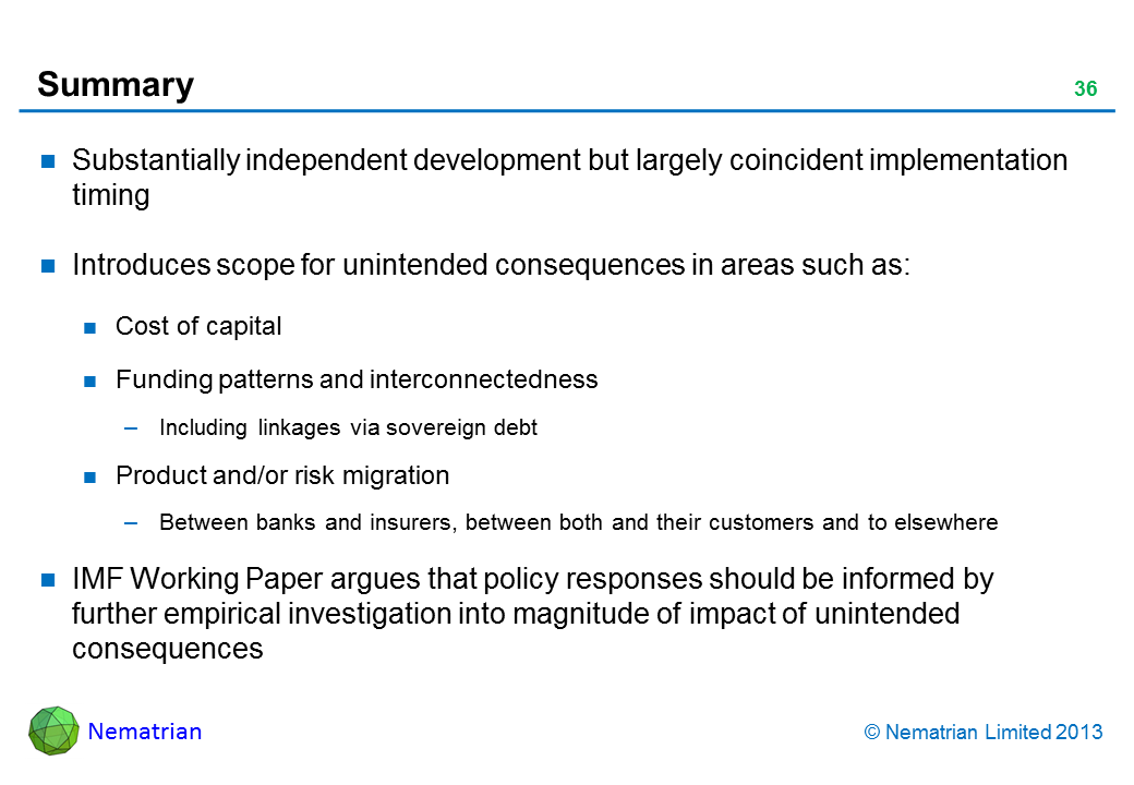 Bullet points include: Substantially independent development but largely coincident implementation timing Introduces scope for unintended consequences in areas such as: Cost of capital Funding patterns and interconnectedness Including linkages via sovereign debt Product and/or risk migration Between banks and insurers, between both and their customers and to elsewhere IMF Working Paper argues that policy responses should be informed by further empirical investigation into magnitude of impact of unintended consequences