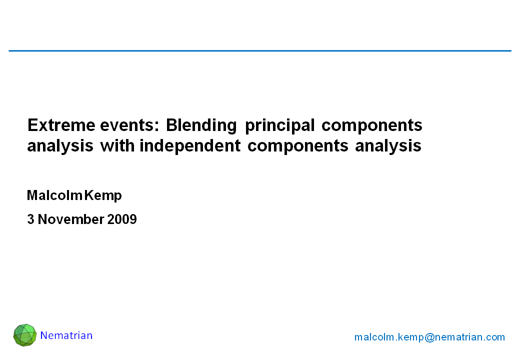 Bullet points include: Extreme events: Blending principal components analysis with independent components analysis. Malcolm Kemp. 3 November 2009