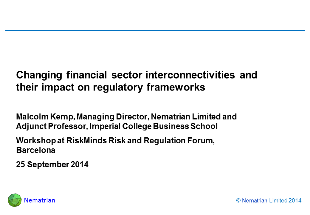 Bullet points include: Malcolm Kemp, Managing Director, Nematrian Limited and Adjunct Professor, Imperial College Business School. Workshop at Risk and Regulation Forum, Barcelona. 25 September 2014