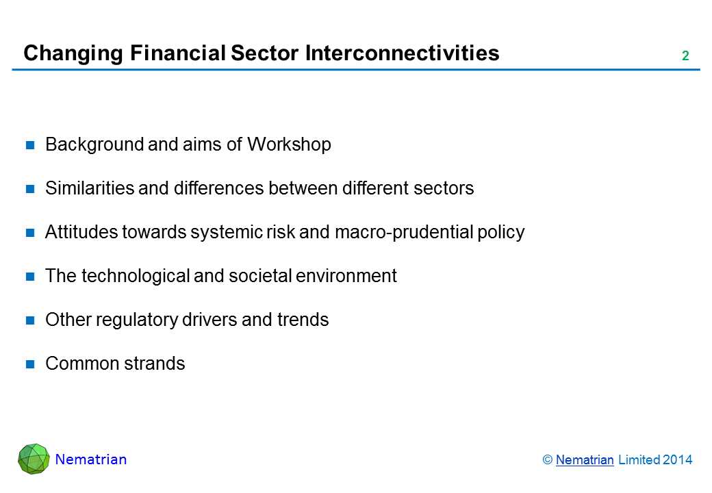 Bullet points include: Background and aims of Workshop. Similarities and differences between different sectors. Attitudes towards systemic risk and macro-prudential policy. The technological and societal environment. Other regulatory drivers and trends. Common strands