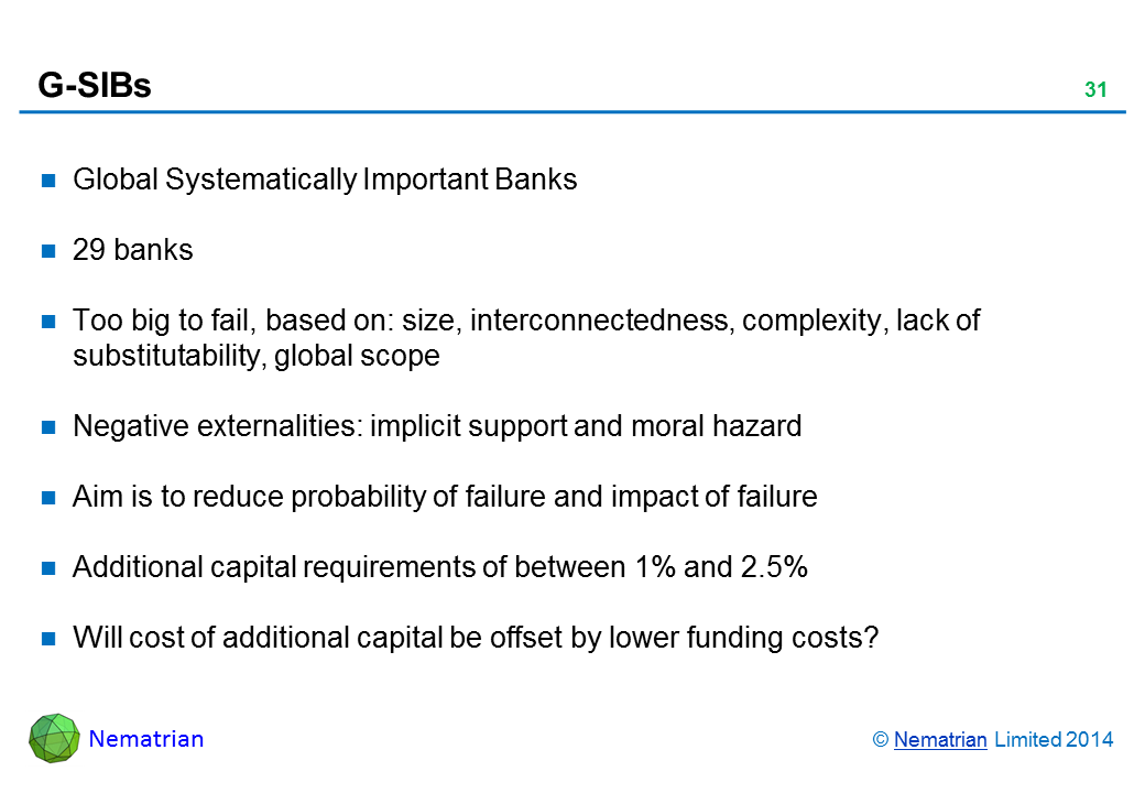 Bullet points include: Global Systematically Important Banks 29 banks Too big to fail, based on: size, interconnectedness, complexity, lack of substitutability, global scope Negative externalities: implicit support and moral hazard Aim is to reduce probability of failure and impact of failure Additional capital requirements of between 1% and 2.5% Will cost of additional capital be offset by lower funding costs?