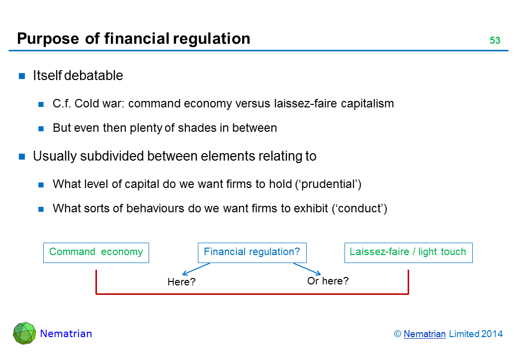 Bullet points include: Itself debatable C.f. Cold war: command economy versus laissez-faire capitalism But even then plenty of shades in between Usually subdivided between elements relating to What level of capital do we want firms to hold (‘prudential’) What sorts of behaviours do we want firms to exhibit (‘conduct’) Command economy Financial regulation? Laissez-faire / light touch Here or Here