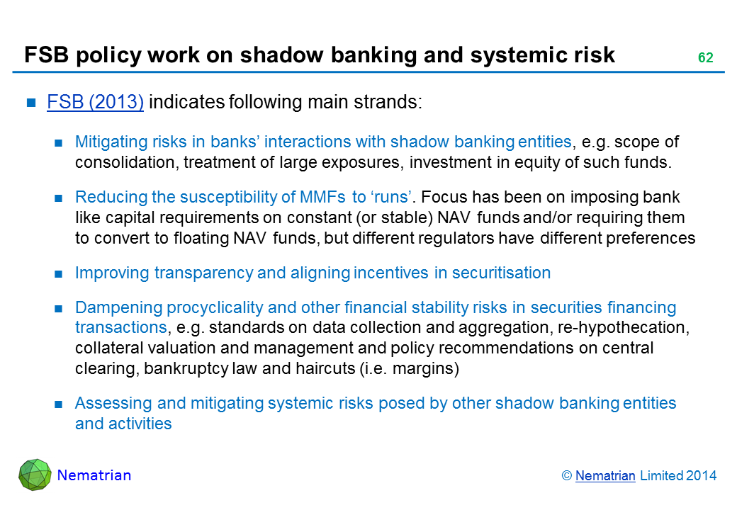 Bullet points include: FSB (2013) indicates following main strands: Mitigating risks in banks’ interactions with shadow banking entities, e.g. scope of consolidation, treatment of large exposures, investment in equity of such funds. Reducing the susceptibility of MMFs to ‘runs’. Focus has been on imposing bank like capital requirements on constant (or stable) NAV funds and/or requiring them to convert to floating NAV funds, but different regulators have different preferences Improving transparency and aligning incentives in securitisation Dampening procyclicality and other financial stability risks in securities financing transactions, e.g. standards on data collection and aggregation, re-hypothecation, collateral valuation and management and policy recommendations on central clearing, bankruptcy law and haircuts (i.e. margins) Assessing and mitigating systemic risks posed by other shadow banking entities and activities