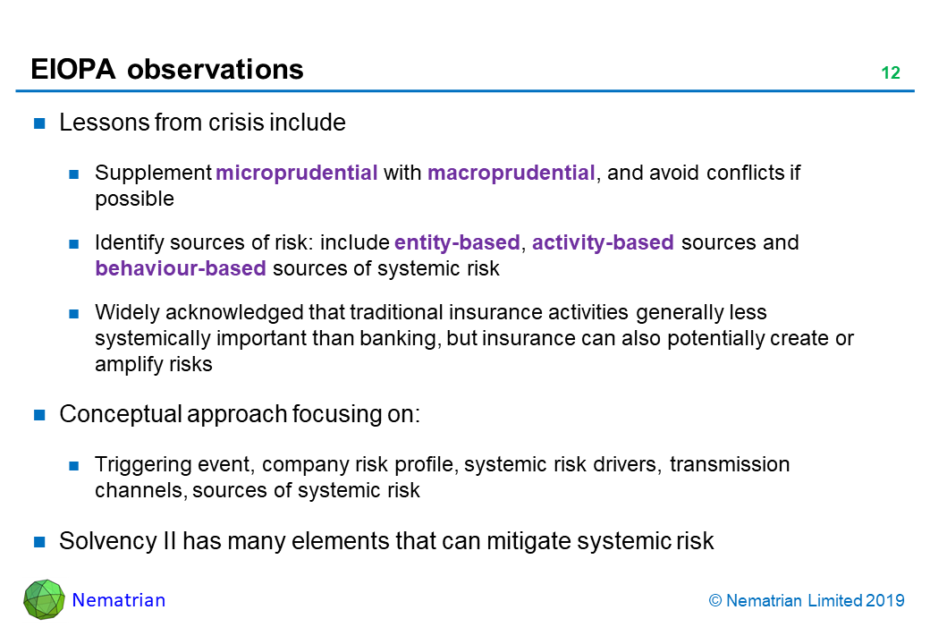 Bullet points include: Lessons from crisis include. Supplement microprudential with macroprudential, and avoid conflicts if possible. Identify sources of risk: include entity-based, activity-based sources and behaviour-based sources of systemic risk. Widely acknowledged that traditional insurance activities generally less systemically important than banking, but insurance can also potentially create or amplify risks. Conceptual approach focusing on: Triggering event, company risk profile, systemic risk drivers, transmission channels, sources of systemic risk. Solvency II has many elements that can mitigate systemic risk