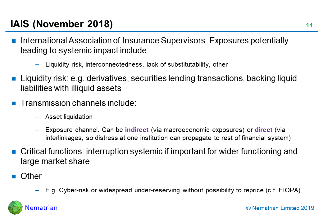 Bullet points include: International Association of Insurance Supervisors: Exposures potentially leading to systemic impact include: Liquidity risk, interconnectedness, lack of substitutability, other. Liquidity risk: e.g. derivatives, securities lending transactions, backing liquid liabilities with illiquid assets. Transmission channels include: Asset liquidation. Exposure channel. Can be indirect (via macroeconomic exposures) or direct (via interlinkages, so distress at one institution can propagate to rest of financial system). Critical functions: interruption systemic if important for wider functioning and large market share. Other. E.g. Cyber-risk or widespread under-reserving without possibility to reprice (c.f. EIOPA)