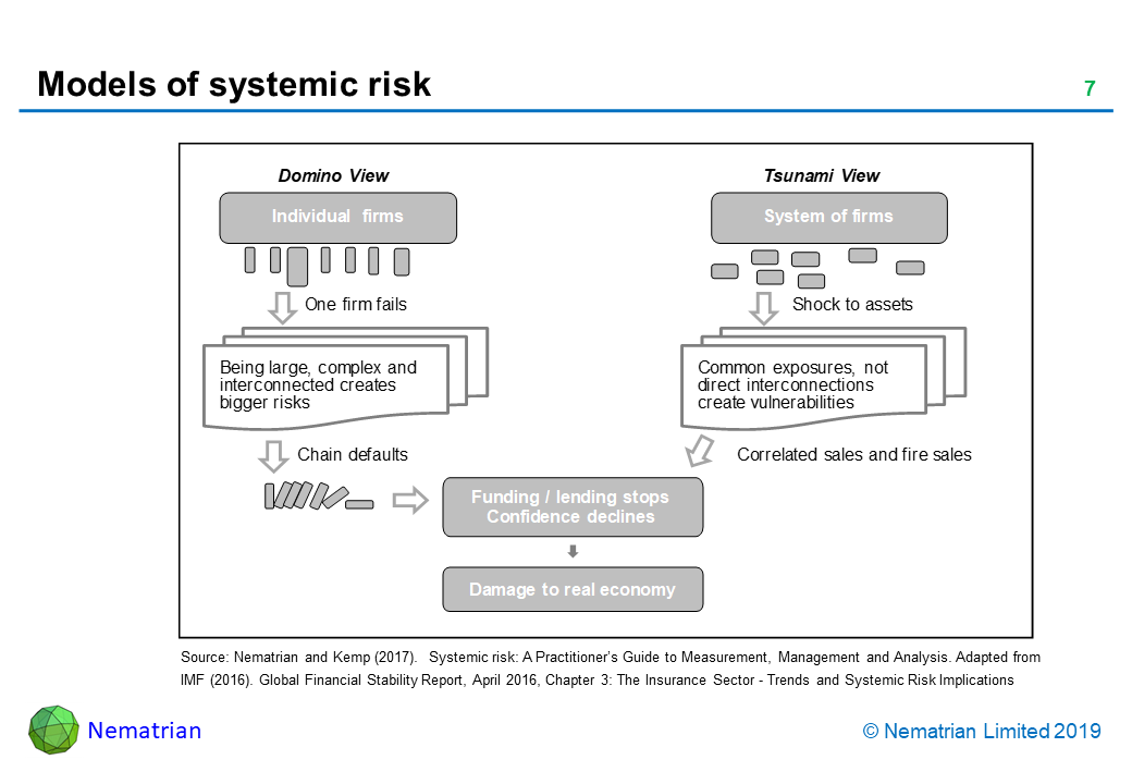 Bullet points include: Domino view Tsunami view. Source: Nematrian and Kemp (2017).  Systemic risk: A Practitioner’s Guide to Measurement, Management and Analysis. Adapted from IMF (2016). Global Financial Stability Report, April 2016, Chapter 3: The Insurance Sector - Trends and Systemic Risk Implications