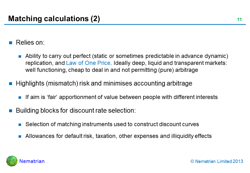 Bullet points include: Relies on: Ability to carry out perfect (static or sometimes predictable in advance dynamic) replication, and Law of One Price. Ideally deep, liquid and transparent markets: well functioning, cheap to deal in and not permitting (pure) arbitrage Highlights (mismatch) risk and minimises accounting arbitrage If aim is ‘fair’ apportionment of value between people with different interests Building blocks for discount rate selection: Selection of matching instruments used to construct discount curves Allowances for default risk, taxation, other expenses and illiquidity effects