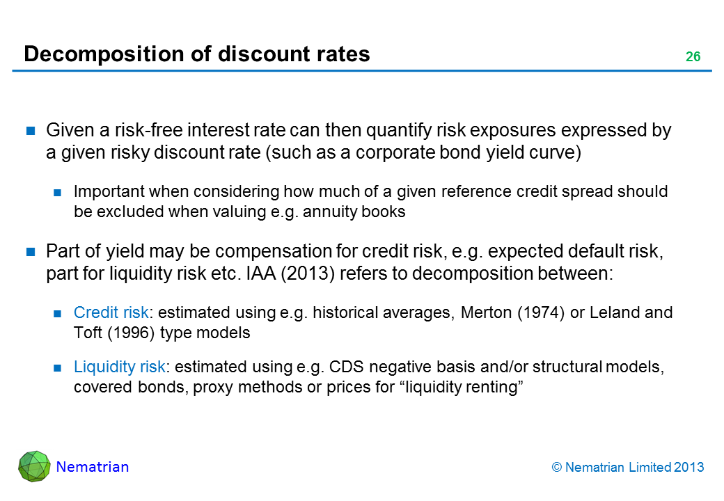 Bullet points include: Given a risk-free interest rate can then quantify risk exposures expressed by a given risky discount rate (such as a corporate bond yield curve) Important when considering how much of a given reference credit spread should be excluded when valuing e.g. annuity books Part of yield may be compensation for credit risk, e.g. expected default risk, part for liquidity risk etc. IAA (2013) refers to decomposition between: Credit risk: estimated using e.g. historical averages, Merton (1974) or Leland and Toft (1996) type models Liquidity risk: estimated using e.g. CDS negative basis and/or structural models, covered bonds, proxy methods or prices for “liquidity renting”