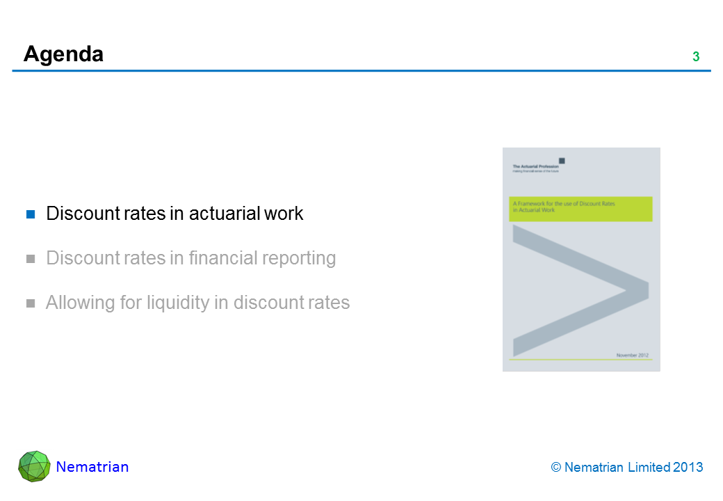 Bullet points include: Discount rates in actuarial work