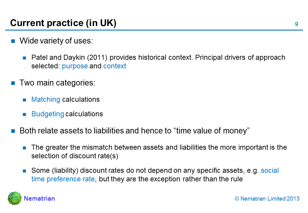 Bullet points include: Wide variety of uses: Patel and Daykin (2011) provides historical context. Principal drivers of approach selected: purpose and context Two main categories: Matching calculations Budgeting calculations Both relate assets to liabilities and hence to “time value of money” The greater the mismatch between assets and liabilities the more important is the selection of discount rate(s) Some (liability) discount rates do not depend on any specific assets, e.g. social time preference rate, but they are the exception rather than the rule