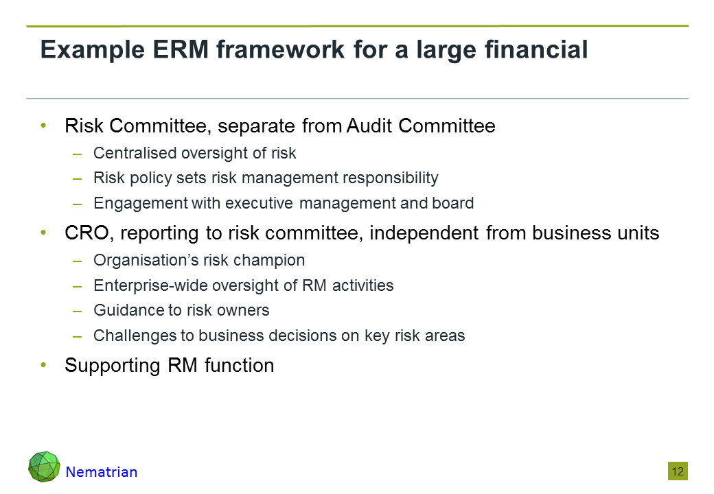 Bullet points include: Risk Committee, separate from Audit Committee. Centralised oversight of risk. Risk policy sets risk management responsibility. Engagement with executive management and board. CRO, reporting to risk committee, independent from business units. Organisation’s risk champion. Enterprise-wide oversight of RM activities. Guidance to risk owners. Challenges to business decisions on key risk areas. Supporting RM function