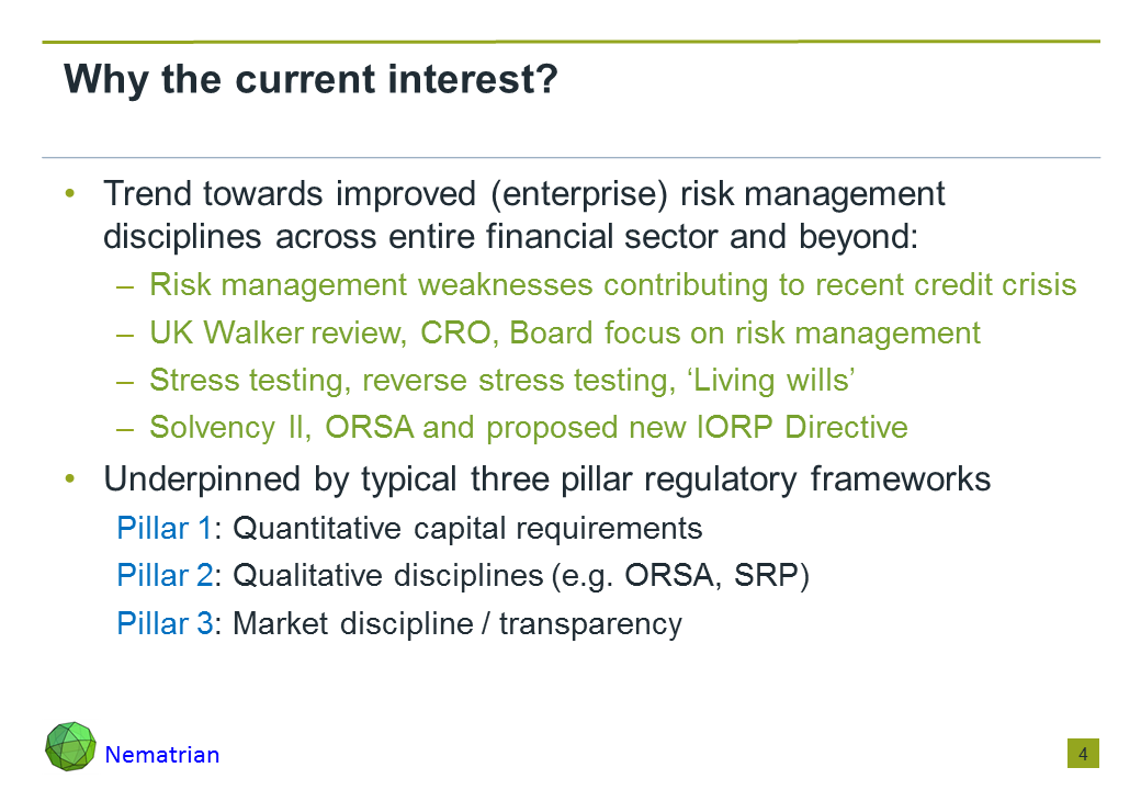 Bullet points include: Trend towards improved (enterprise) risk management disciplines across entire financial sector and beyond: Risk management weaknesses contributing to recent credit crisis, UK Walker review, CRO, Board focus on risk management, Stress testing, reverse stress testing, ‘Living wills’, Solvency II, ORSA and proposed new IORP Directive. Underpinned by typical three pillar regulatory frameworks. Pillar 1: Quantitative capital requirements. Pillar 2: Qualitative disciplines (e.g. ORSA, SRP). Pillar 3: Market discipline / transparency