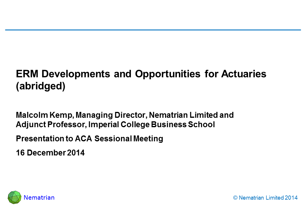 Bullet points include: Malcolm Kemp, Managing Director, Nematrian Limited and Adjunct Professor, Imperial College Business School. Presentation to ACA Sessional Meeting. 16 December 2014