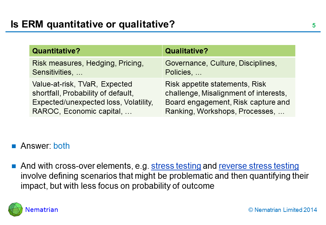 Bullet points include: Quantitative? Qualitative? Risk measures, Hedging, Pricing, Sensitivities, ... Governance, Culture, Disciplines, Policies, ... Value-at-risk, TVaR, Expected shortfall, Probability of default, Expected/unexpected loss, Volatility, RAROC, Economic capital, … Risk appetite statements, Risk challenge, Misalignment of interests, Board engagement, Risk capture and Ranking, Workshops, Processes, ... Answer: both. And with cross-over elements, e.g. stress testing and reverse stress testing involve defining scenarios that might be problematic and then quantifying their impact, but with less focus on probability of outcome