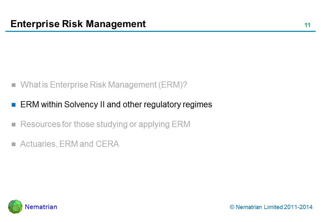 Bullet points include: ERM within Solvency II and other regulatory regimes