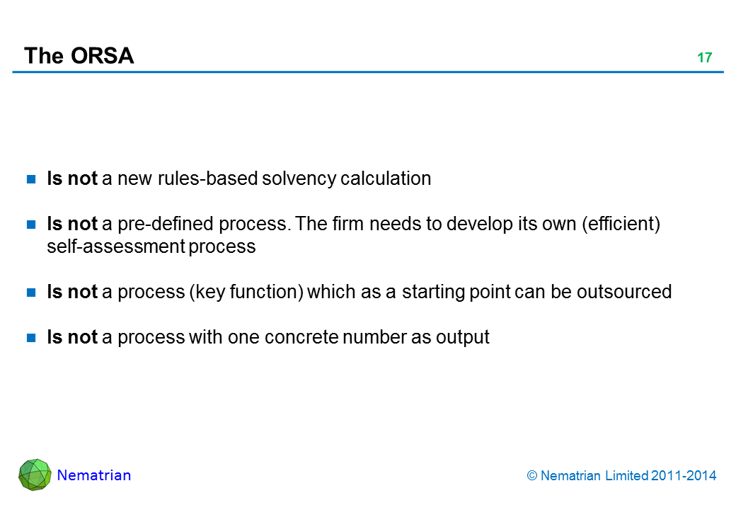 Bullet points include: Is not a new rules-based solvency calculation Is not a pre-defined process. The firm needs to develop its own (efficient) self-assessment process Is not a process (key function) which as a starting point can be outsourced Is not a process with one concrete number as output