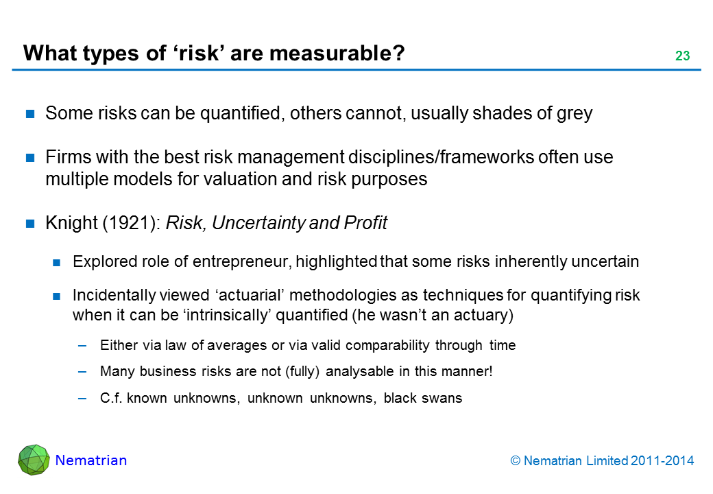 Bullet points include: Some risks can be quantified, others cannot, usually shades of grey Firms with the best risk management disciplines/frameworks often use multiple models for valuation and risk purposes Knight (1921): Risk, Uncertainty and Profit Explored role of entrepreneur, highlighted that some risks inherently uncertain Incidentally viewed ‘actuarial’ methodologies as techniques for quantifying risk when it can be ‘intrinsically’ quantified (he wasn’t an actuary) Either via law of averages or via valid comparability through time Many business risks are not (fully) analysable in this manner! C.f. known unknowns, unknown unknowns, black swans