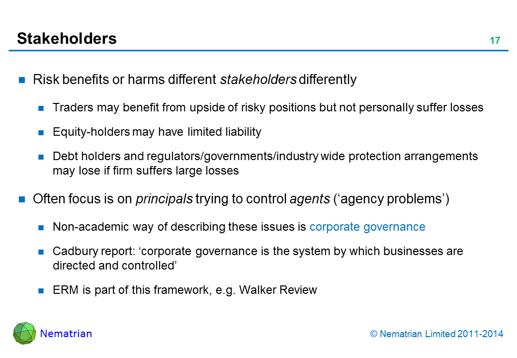 Bullet points include: Risk benefits or harms different stakeholders differently. Traders may benefit from upside of risky positions but not personally suffer losses. Equity-holders may have limited liability. Debt holders and regulators/governments/industry wide protection arrangements may lose if firm suffers large losses. Often focus is on principals trying to control agents (‘agency problems’). Non-academic way of describing these issues is corporate governance. Cadbury report: ‘corporate governance is the system by which businesses are directed and controlled’. ERM is part of this framework, e.g. Walker Review