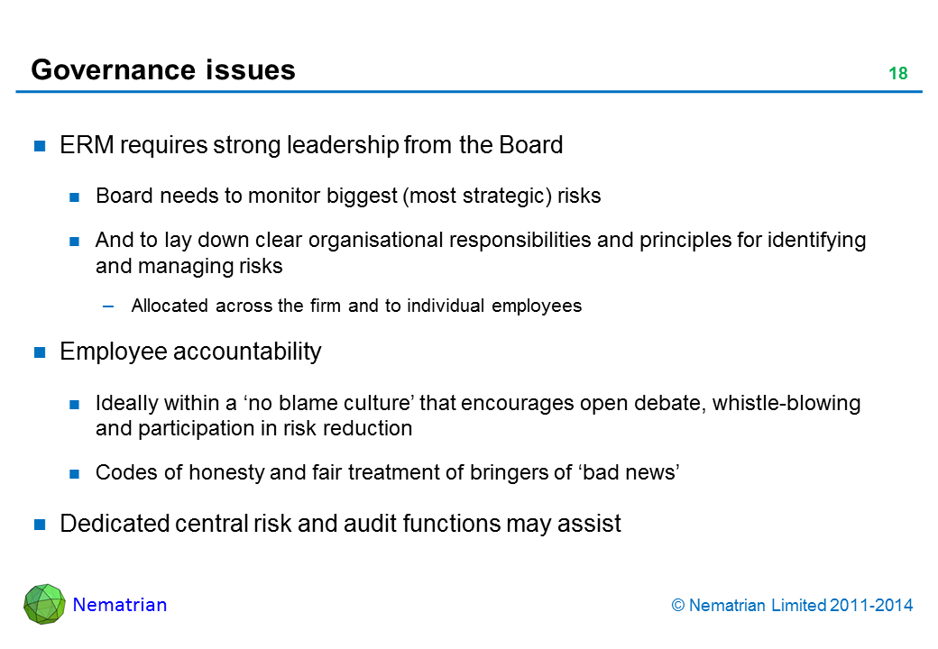 Bullet points include: ERM requires strong leadership from the Board. Board needs to monitor biggest (most strategic) risks. And to lay down clear organisational responsibilities and principles for identifying and managing risks. Allocated across the firm and to individual employees. Employee accountability. Ideally within a ‘no blame culture’ that encourages open debate, whistle-blowing and participation in risk reduction. Codes of honesty and fair treatment of bringers of ‘bad news’. Dedicated central risk and audit functions may assist