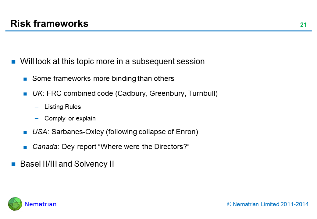 Bullet points include: Will look at this topic more in a subsequent session. Some frameworks more binding than others. UK: FRC combined code (Cadbury, Greenbury, Turnbull). Listing Rules. Comply or explain. USA: Sarbanes-Oxley (following collapse of Enron). Canada: Dey report “Where were the Directors?” Basel II/III and Solvency II