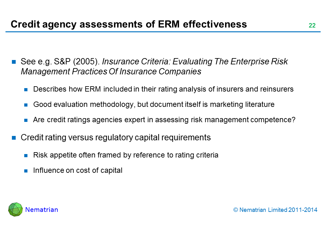 Bullet points include: See e.g. S&P (2005). Insurance Criteria: Evaluating The Enterprise Risk Management Practices Of Insurance Companies. Describes how ERM included in their rating analysis of insurers and reinsurers. Good evaluation methodology, but document itself is marketing literature. Are credit ratings agencies expert in assessing risk management competence? Credit rating versus regulatory capital requirements. Risk appetite often framed by reference to rating criteria. Influence on cost of capital