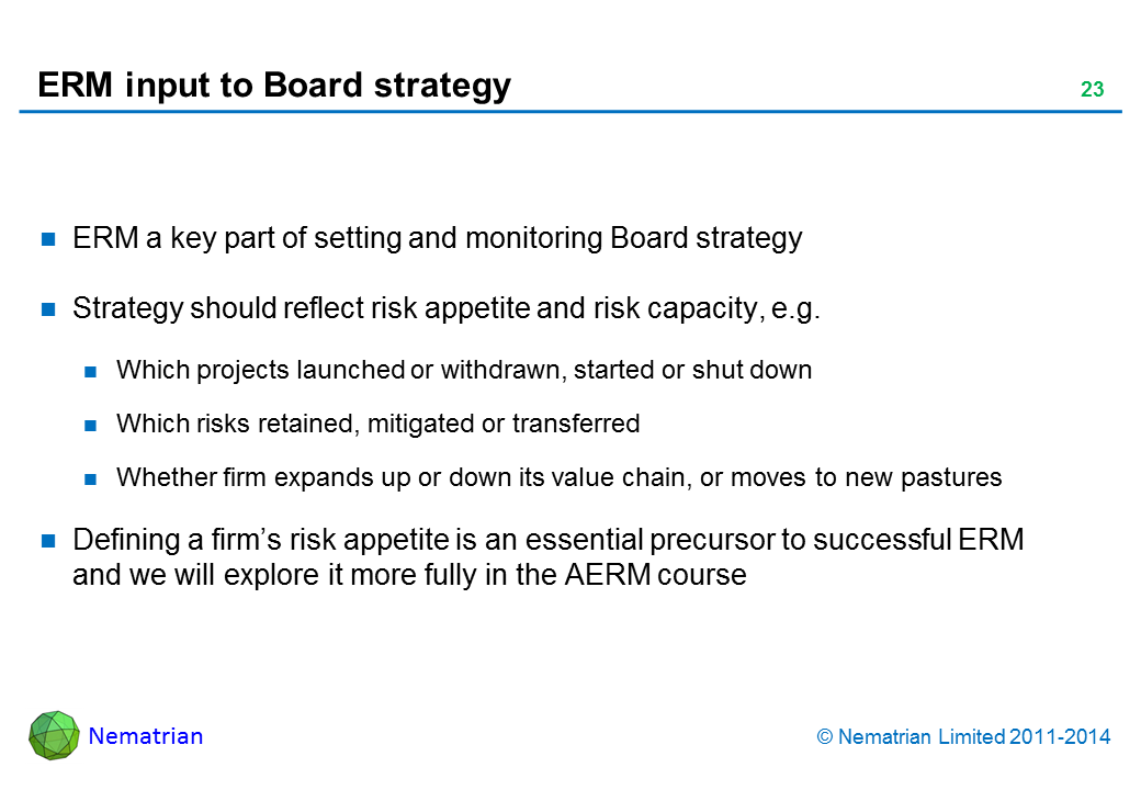 Bullet points include: ERM a key part of setting and monitoring Board strategy. Strategy should reflect risk appetite and risk capacity, e.g. Which projects launched or withdrawn, started or shut down. Which risks retained, mitigated or transferred. Whether firm expands up or down its value chain, or moves to new pastures. Defining a firm’s risk appetite is an essential precursor to successful ERM and we will explore it more fully in the AERM course