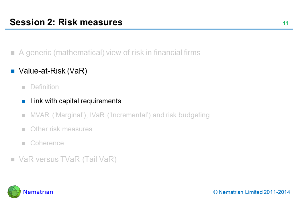 Bullet points include: Value-at-Risk (VaR). Link with capital requirements