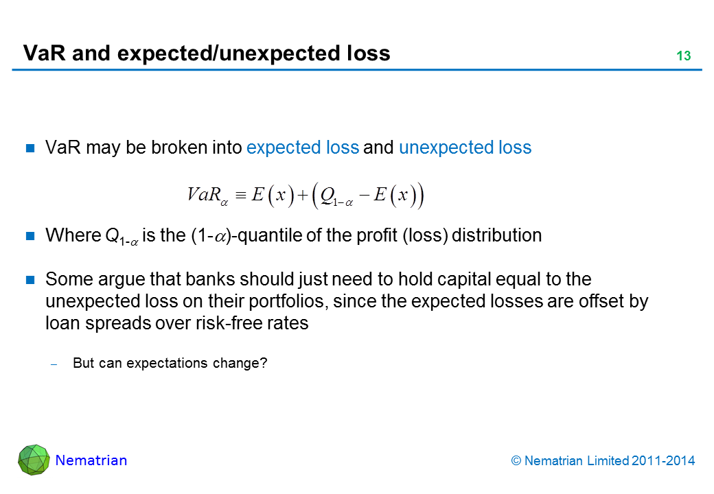 Bullet points include: VaR may be broken into expected loss and unexpected loss. Where Q1-alpha is the (1-alpha)-quantile of the profit (loss) distribution. Some argue that banks should just need to hold capital equal to the unexpected loss on their portfolios, since the expected losses are offset by loan spreads over risk-free rates But can expectations change