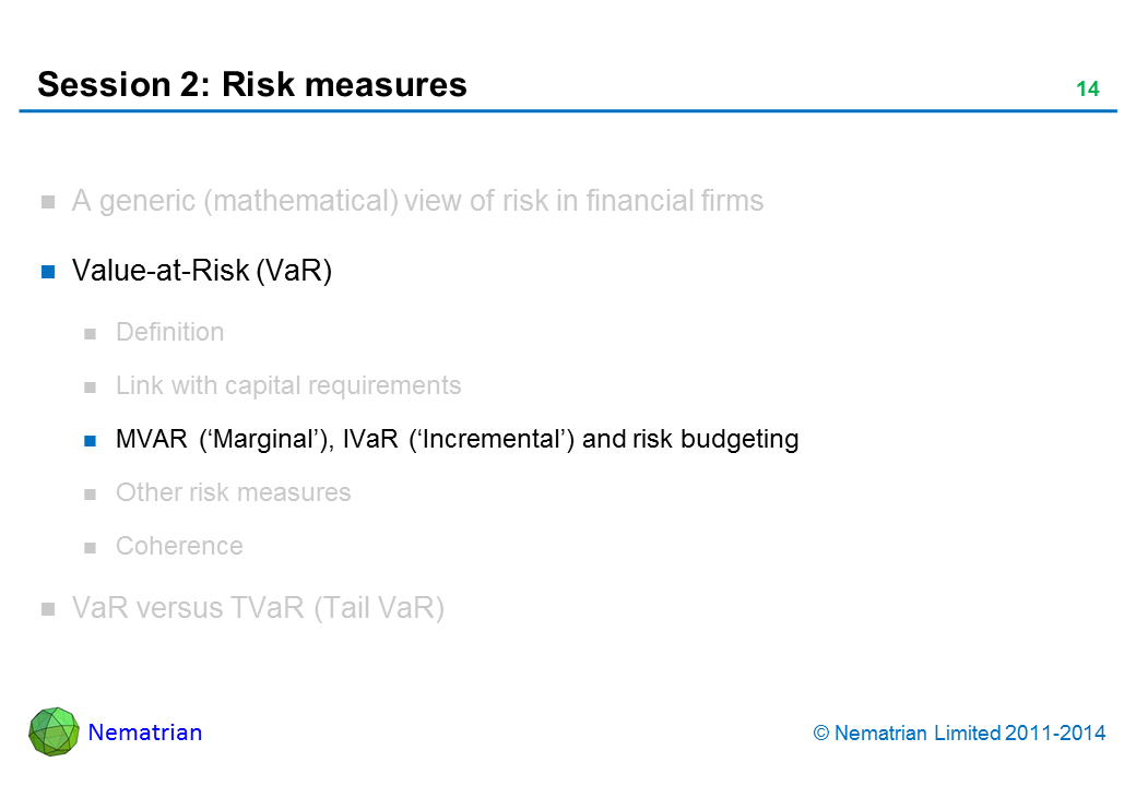 Bullet points include: Value-at-Risk (VaR). MVAR (‘Marginal’), IVaR (‘Incremental’) and risk budgeting