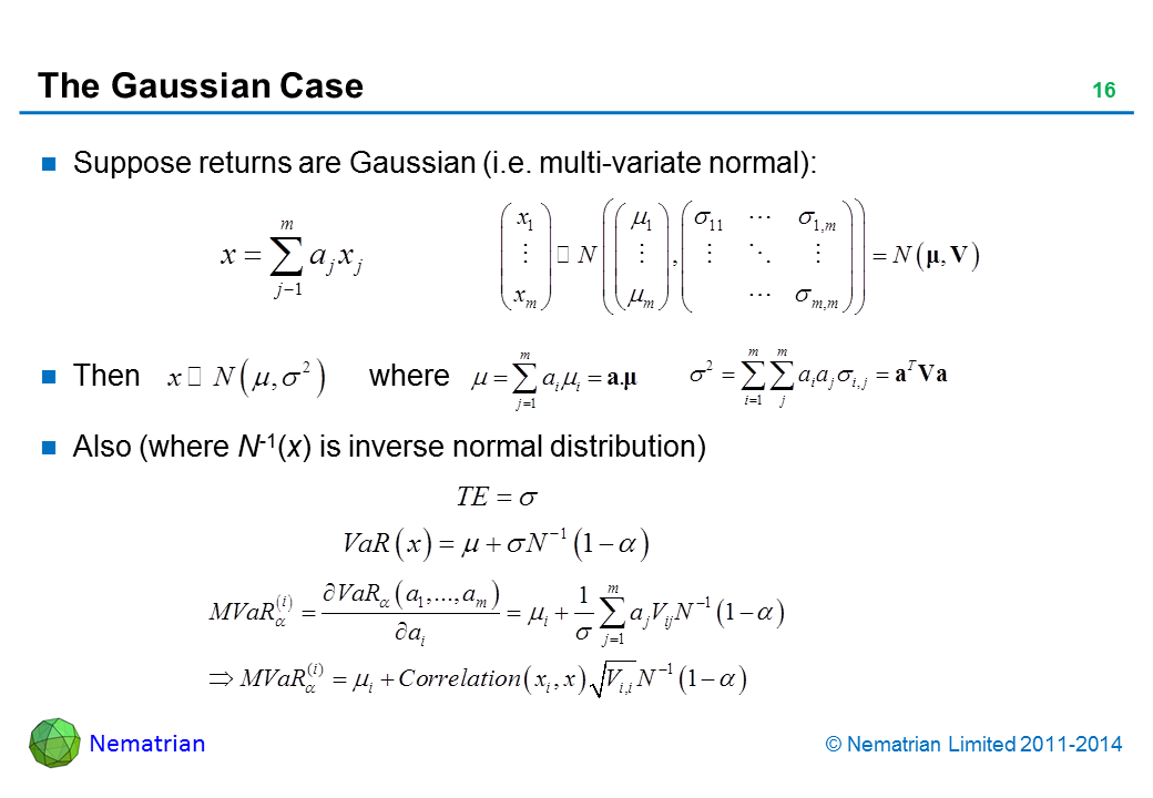 Bullet points include: Suppose losses (-returns) are Gaussian (i.e. multi-variate normal): Then where. Also (where N-1(x) is inverse normal distribution)