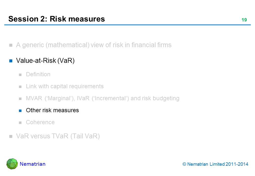 Bullet points include: Value-at-Risk (VaR). Other risk measures