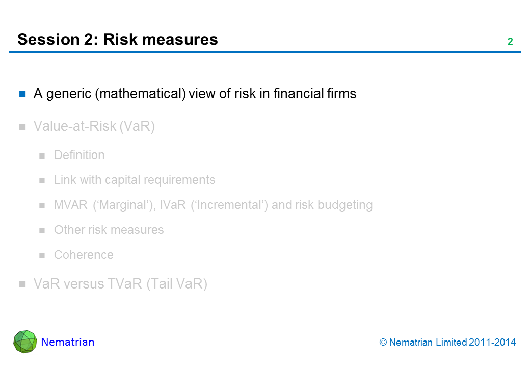 Bullet points include: A generic (mathematical) view of risk in financial firms
