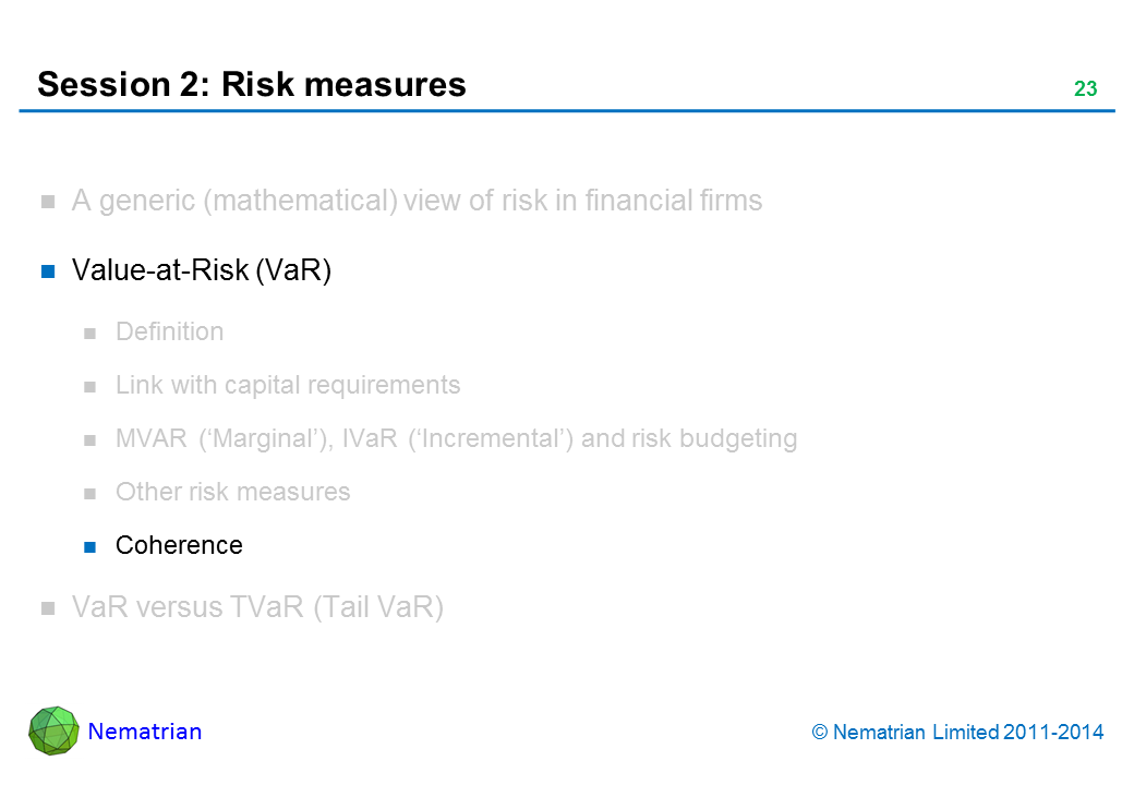 Bullet points include: Value-at-Risk (VaR). Coherence