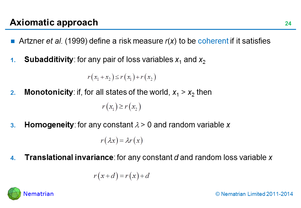 Bullet points include: Artzner et al. (1999) define a risk measure r(x) to be coherent if it satisfies: Subadditivity: for any pair of loss variables x1 and x2, Monotonicity: if, for all states of the world, x1 > x2 then, Homogeneity: for any constant lambda > 0 and random variable x. Translational invariance: for any constant d and random loss variable x