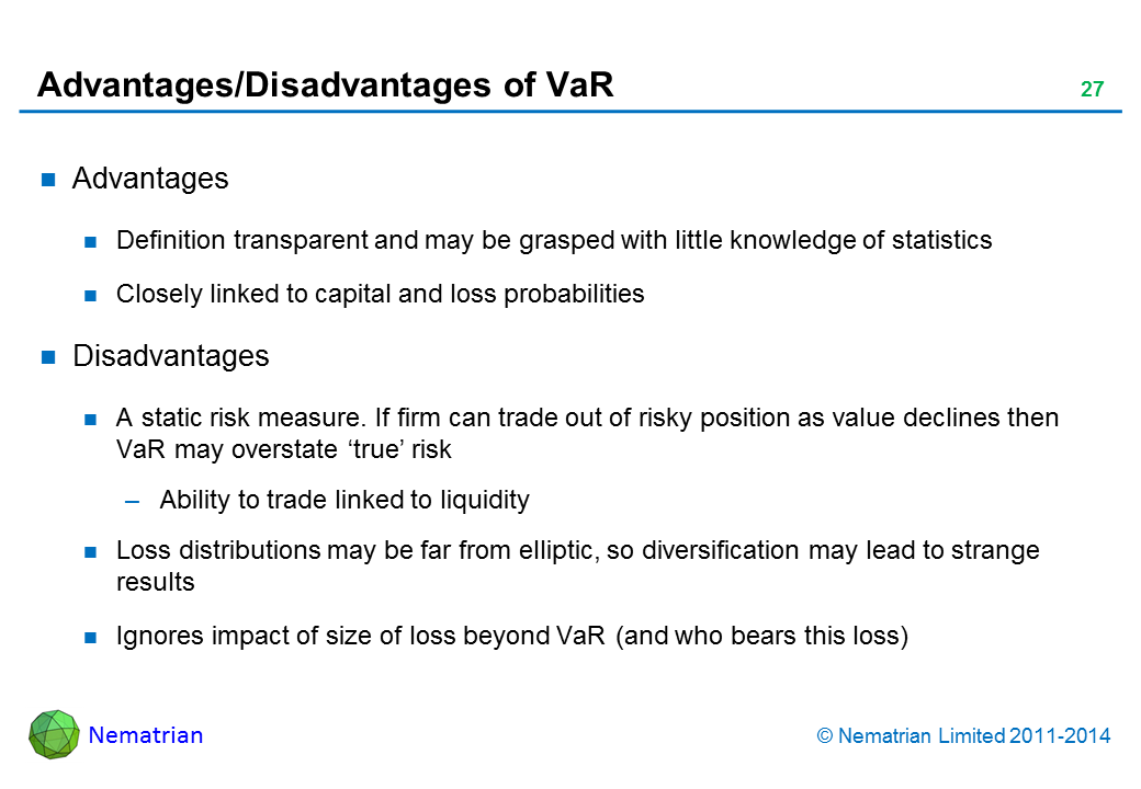 Bullet points include: Advantages. Definition transparent and may be grasped with little knowledge of statistics. Closely linked to capital and loss probabilities. Disadvantages. A static risk measure. If firm can trade out of risky position as value declines then VaR may overstate ‘true’ risk. Ability to trade linked to liquidity. Loss distributions may be far from elliptic, so diversification may lead to strange results. Ignores impact of size of loss beyond VaR (and who bears this loss)
