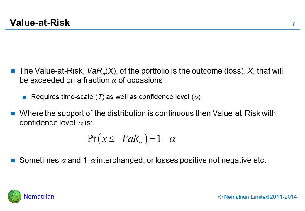 Bullet points include: The Value-at-Risk, VaR alpha(X), of the portfolio is the outcome (loss), X, that will be exceeded on a fraction alpha of occasions. Requires time-scale (T) as well as confidence level (alpha). Where the support of the distribution is continuous then Value-at-Risk with confidence level alpha is: Sometimes alpha and 1-alpha interchanged, or losses positive not negative etc.