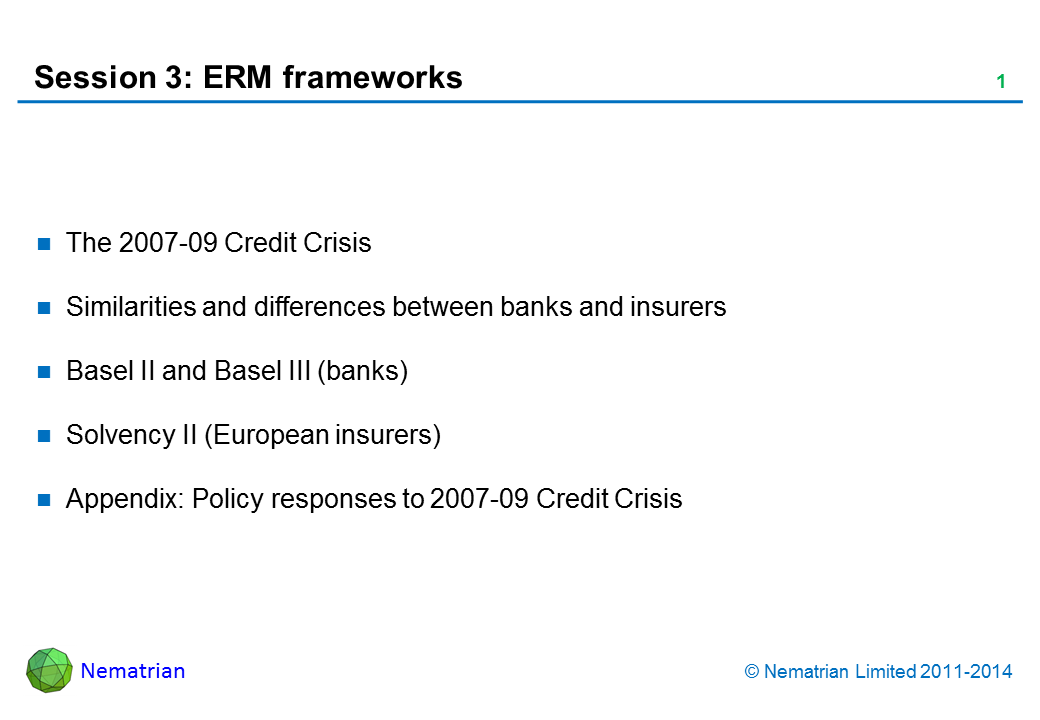 Bullet points include: The 2007-09 Credit Crisis. Similarities and differences between banks and insurers. Basel II and Basel III (banks). Solvency II (European insurers). Appendix: Policy responses to 2007-09 Credit Crisis