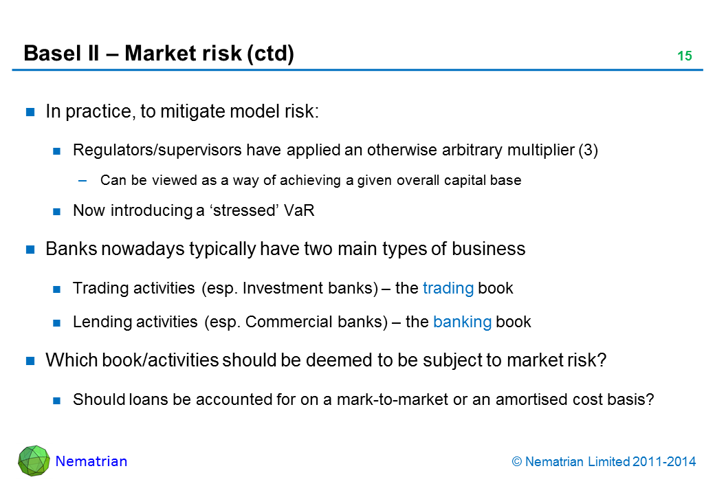 Bullet points include: In practice, to mitigate model risk: Regulators/supervisors have applied an otherwise arbitrary multiplier (3). Can be viewed as a way of achieving a given overall capital base. Now introducing a ‘stressed’ VaR. Banks nowadays typically have two main types of business. Trading activities (esp. Investment banks) – the trading book. Lending activities (esp. Commercial banks) – the banking book. Which book/activities should be deemed to be subject to market risk? Should loans be accounted for on a mark-to-market or an amortised cost basis?