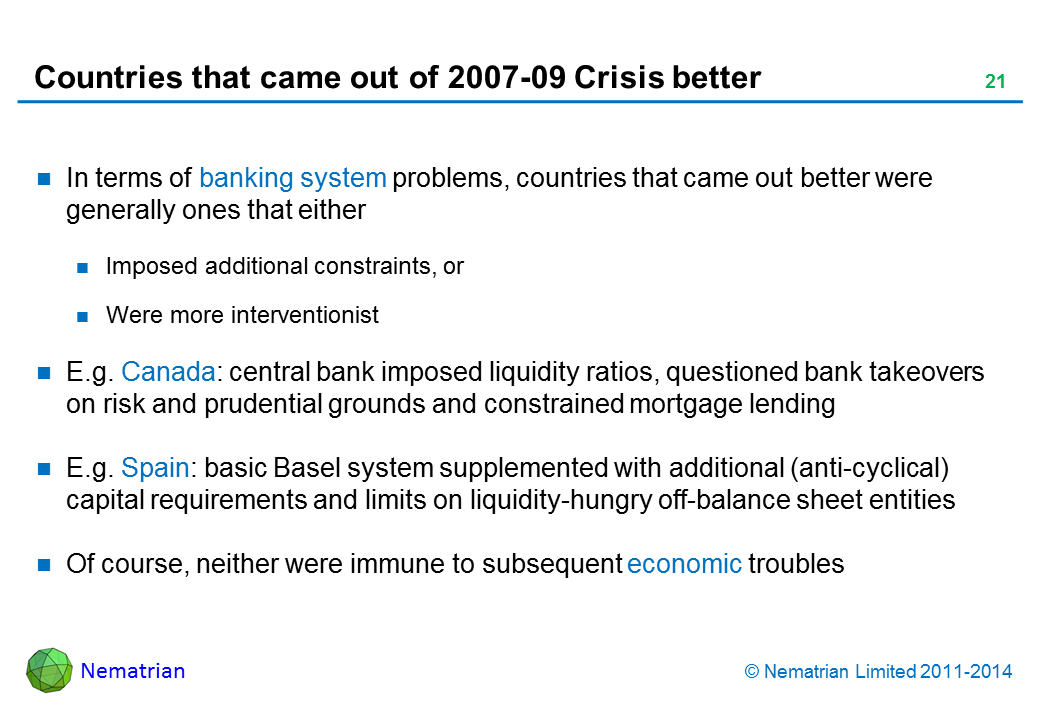 Bullet points include: In terms of banking system problems, countries that came out better were generally ones that either Imposed additional constraints, or Were more interventionist. E.g. Canada: central bank imposed liquidity ratios, questioned bank takeovers on risk and prudential grounds and constrained mortgage lending. E.g. Spain: basic Basel system supplemented with additional (anti-cyclical) capital requirements and limits on liquidity-hungry off-balance sheet entities. Of course, neither were immune to subsequent economic troubles