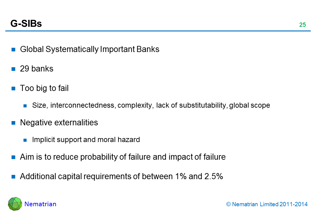 Bullet points include: Global Systematically Important Banks. 29 banks. Too big to fail. Size, interconnectedness, complexity, lack of substitutability, global scope. Negative externalities. Implicit support and moral hazard. Aim is to reduce probability of failure and impact of failure. Additional capital requirements of between 1% and 2.5%