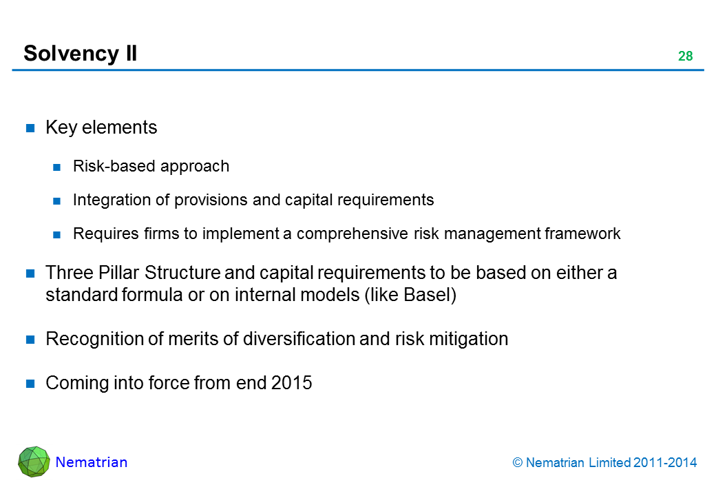 Bullet points include: Key elements. Risk-based approach. Integration of provisions and capital requirements. Requires firms to implement a comprehensive risk management framework. Three Pillar Structure and capital requirements to be based on either a standard formula or on internal models (like Basel). Recognition of merits of diversification and risk mitigation. Coming into force from end 2015