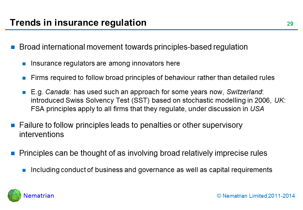 Bullet points include: Broad international movement towards principles-based regulation. Insurance regulators are among innovators here. Firms required to follow broad principles of behaviour rather than detailed rules. E.g. Canada: has used such an approach for some years now, Switzerland: introduced Swiss Solvency Test (SST) based on stochastic modelling in 2006, UK: FSA principles apply to all firms that they regulate, under discussion in USA. Failure to follow principles leads to penalties or other supervisory interventions. Principles can be thought of as involving broad relatively imprecise rules. Including conduct of business and governance as well as capital requirements