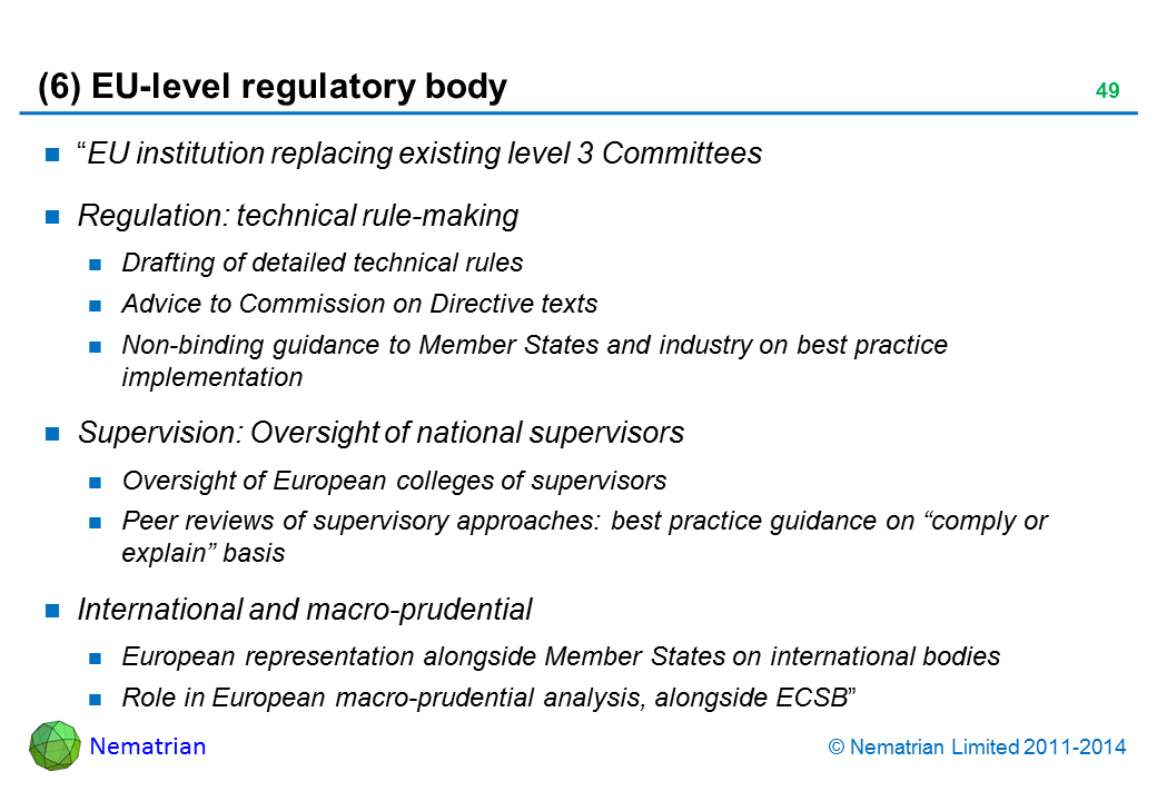 Bullet points include: “EU institution replacing existing level 3 Committees. Regulation: technical rule-making. Drafting of detailed technical rules. Advice to Commission on Directive texts. Non-binding guidance to Member States and industry on best practice implementation. Supervision: Oversight of national supervisors. Oversight of European colleges of supervisors. Peer reviews of supervisory approaches: best practice guidance on “comply or explain” basis. International and macro-prudential. European representation alongside Member States on international bodies. Role in European macro-prudential analysis, alongside ECSB”