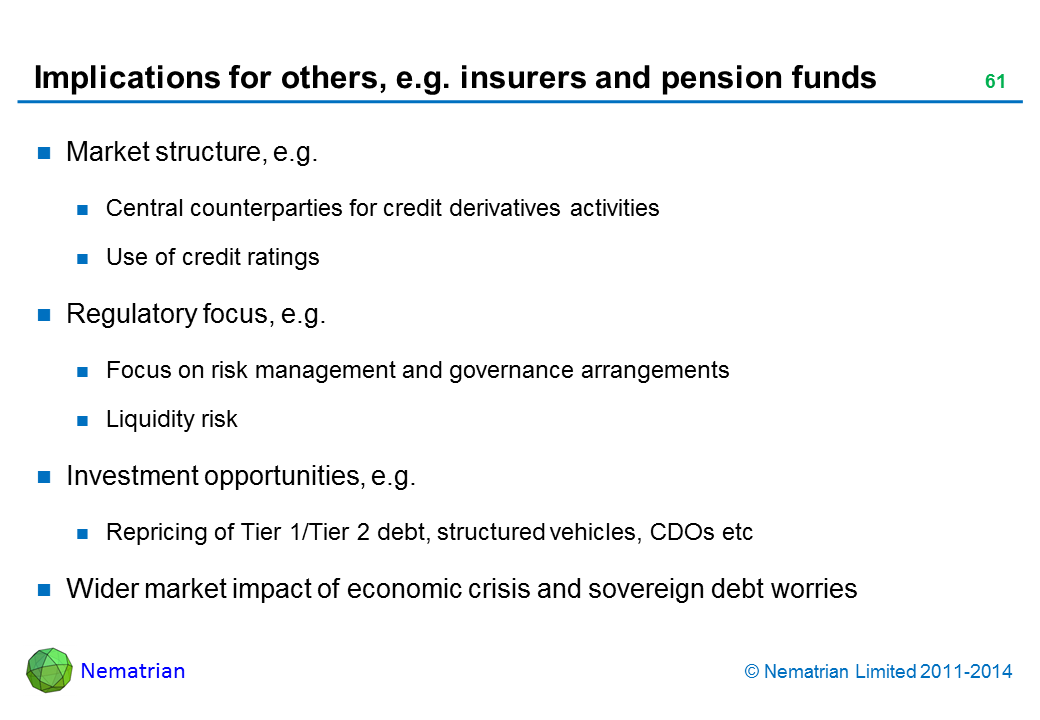 Bullet points include: Market structure, e.g. Central counterparties for credit derivatives activities. Use of credit ratings. Regulatory focus, e.g. Focus on risk management and governance arrangements. Liquidity risk. Investment opportunities, e.g. Repricing of Tier 1/Tier 2 debt, structured vehicles, CDOs etc. Wider market impact of economic crisis and sovereign debt worries