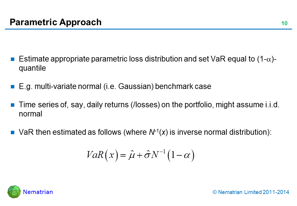 Bullet points include: Estimate appropriate parametric loss distribution and set VaR equal to (1-alpha)-quantile. E.g. multi-variate normal (i.e. Gaussian) benchmark case. Time series of, say, daily returns (/losses) on the portfolio, might assume i.i.d. normal. VaR then estimated as follows (where N-1(x) is inverse normal distribution):