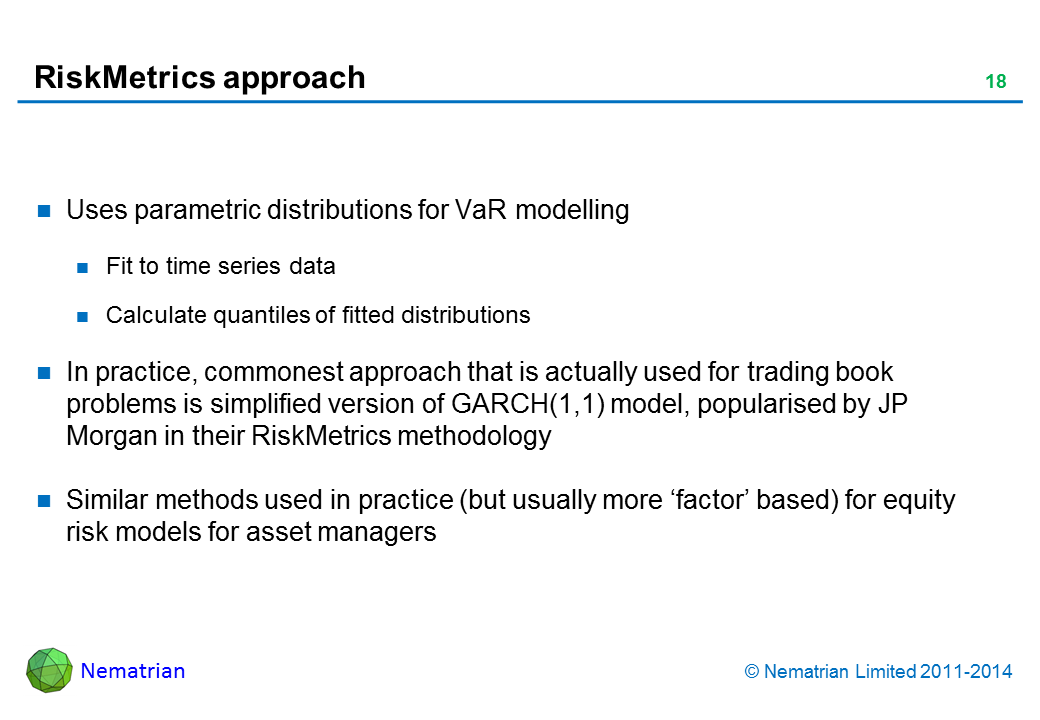 Bullet points include: Uses parametric distributions for VaR modelling. Fit to time series data. Calculate quantiles of fitted distributions. In practice, commonest approach that is actually used for trading book problems is simplified version of GARCH(1,1) model, popularised by JP Morgan in their RiskMetrics methodology. Similar methods used in practice (but usually more ‘factor’ based) for equity risk models for asset managers