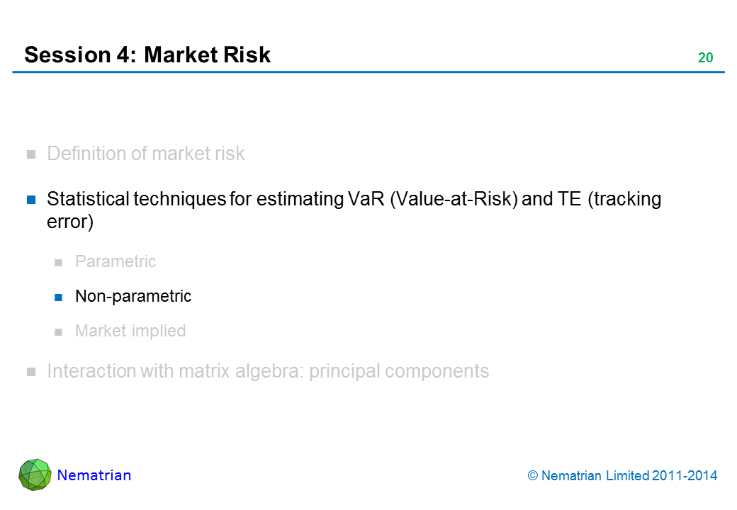 Bullet points include: Statistical techniques for estimating VaR (Value-at-Risk) and TE (tracking error). Non-parametric