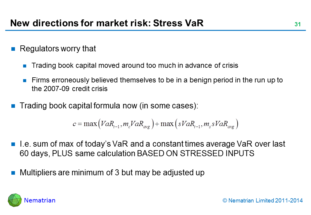 Bullet points include: Regulators worry that Trading book capital moved around too much in advance of crisis. Firms erroneously believed themselves to be in a benign period in the run up to the 2007-09 credit crisis. Trading book capital formula now (in some cases): I.e. sum of max of today’s VaR and a constant times average VaR over last 60 days, PLUS same calculation BASED ON STRESSED INPUTS. Multipliers are minimum of 3 but may be adjusted up